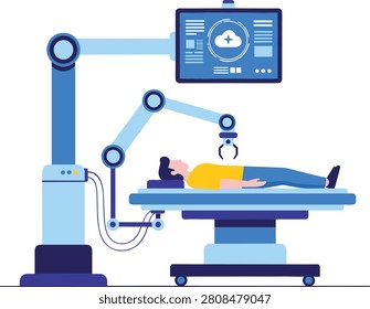 This flat vector illustration depicts a cutting-edge medical scenario where an advanced robotic surgical arm is performing an operation on a patient under the supervision of a digital cloud-connected monitor. This high-tech concept artwork is ideal for healthcare technology blog posts, medical science articles, future of medicine presentations, and marketing materials for biotech companies.