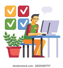 This flat vector illustration depicts a professional man working at his computer desk, actively managing a colorful task checklist. The design showcases an organized workspace complete with a potted plant, a speech bubble, and large checked boxes indicating completed tasks and project milestones. It is an excellent graphic asset for websites, mobile applications, and presentations focused on productivity software, time management tools, and business workflow organization.#TaskManagement #ProductivityVector #OfficeWorkflow #TimeManagement #ProjectPlanning #WorkFromHome #BusinessIllustration #FlatDesign