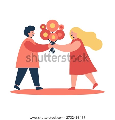 This flat vector illustration depicts a joyful couple standing face-to-face, sharing a large bouquet of stylized flowers in a warm, heartwarming moment. The man, with dark curly hair, wears a coral tunic and dark blue trousers, while the woman has long blonde hair and is dressed in a simple red A-line dress with matching shoes. Between them, a bouquet of rounded orange and yellow flowers, drawn as simple circles within circles, conveys a modern floral art style. Dark stems connect the flowers, held simultaneously by the couple, emphasizing partnership and shared emotion. The figures stand on a soft terracotta oval base, grounding the scene, while a clean white background keeps the focus entirely on their interaction. The illustration uses a warm, earthy palette of corals, reds, oranges, and dark blue, creating harmony and visual balance. Rendered in a flat vector style with solid colors and soft rounded shapes, the artwork has a contemporary, friendly feel, with no outlines or complex shading. Ideal for greeting cards, dating or anniversary designs, spring celebrations, friendship-themed projects, or romantic illustrations, this vector communicates cheer, connection, and the simple beauty of shared gestures. Its clean, scalable design makes it perfect for commercial digital or print projects.