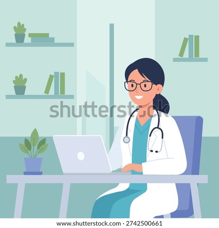 This flat vector illustration depicts a friendly female doctor wearing glasses and a white lab coat, seated at a desk while working on a laptop in a modern clinic office. The scene features a clean, minimalist design with soft colors, simple shapes, and a professional healthcare setting that includes shelves, books, and indoor plants in the background. The artwork conveys themes of medical professionalism, telemedicine, digital healthcare, and workplace productivity, making it suitable for healthcare presentations, educational materials, medical websites, and technology-in-medicine concepts.