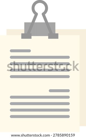 This flat vector illustration depicts two sheets of paper held together with a grey binder clip, perfect for illustrating office work or academic studies. The clean design and neutral colors make it versatile for various projects.
