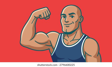 This flat vector illustration features a smiling, bald man flexing his biceps against a solid red background. The artwork is clean and graphic.