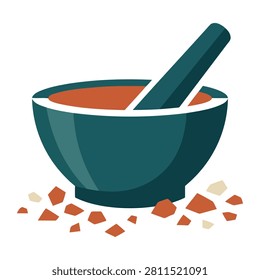 This flat vector illustration features a dark teal mortar and pestle set with a reddish brown mixture inside. Small crushed pieces of spices are scattered around the base of the bowl on a plain white background creating a clean and modern kitchen icon.