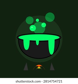 This flat vector illustration features a dark cauldron overflowing with vibrant neon green toxic slime. Glowing bubbles rise from the concoction, which sits atop a small orange flame. Set against a deep green circular backdrop, the design evokes a spooky Halloween atmosphere, magical witchcraft themes, and dangerous chemical liquid reactions.