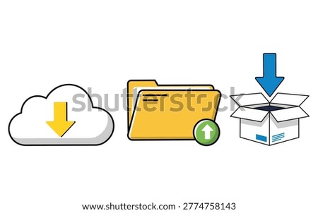 This flat vector illustration features a set of digital storage icons including a cloud download, folder upload, and package delivery on a white background for business technology.