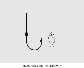 This is a flat vector illustration of a fishing hook with a fish