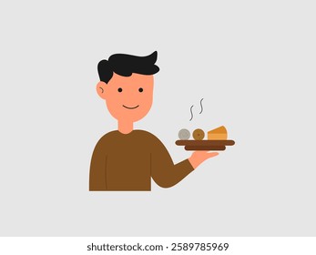 This is a flat vector illustration of a man holding a tray with a piece of cake