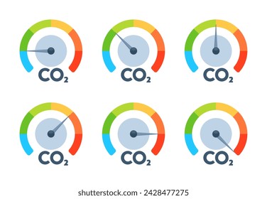 This flat vector illustration set features gauges with CO2 indicators. They symbolize the concepts of carbon footprint measurement and climate change awareness