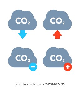 This flat vector illustration set features clouds with the CO2 symbol and directional arrows and signs. They symbolize the concepts of carbon dioxide levels, carbon footprint and climate change