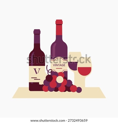 This flat vector illustration showcases an elegant arrangement of wine bottles, glasses, and a cluster of grapes, creating a refined and inviting composition. Two bottles stand side by side: a taller central bottle with a red cap and cream label reading “VINTAGE,” and a slightly smaller bottle featuring a minimalist label with a bold “V.” To the right, two glasses are filled with it, layered to enhance depth and visual interest. In the foreground, a cluster of grapes in varying shades of red and purple rests on a small vine, adding natural texture and richness. The entire arrangement sits on a light cream-colored horizontal surface against a clean white background, emphasizing clarity and focus. Using a luxurious palette of burgundy, plum, and ruby reds for the wine and fruit, contrasted with cream and tan accents, this illustration balances deep, inviting tones with modern flat vector aesthetics. Solid blocks of color, clean silhouettes, and harmonious geometric composition give the artwork a polished, icon-style clarity. Perfect for wine menus, restaurant branding, wine club invitations, kitchen or bar decor, or culinary promotional materials, this design conveys sophistication, warmth, and a tasteful vintage lifestyle. Its scalable vector format ensures versatile commercial use across print and digital projects.