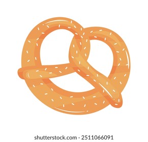 This flat vector illustration shows a traditional european pretzel with a brown color and covered in white salt grains