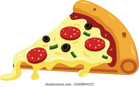 This is a flat vector illustration of a single slice of pizza. The pizza slice features a golden-brown crust, melted cheese, pepperoni slices, black olives, and green bell pepper pieces.