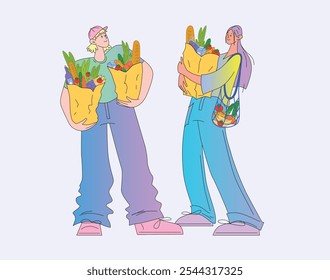 Esta Ilustración vectorial plana. Dos personajes con bolsas de comestibles. Una bolsa de papel y una bolsa de compras reutilizable. Llevan trajes informales y muestran emociones alegres. El estilo es aislado.