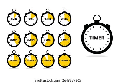 This flat vector set features a timer and countdown icons from 5 to 60 minutes. Ideal for productivity apps, fitness tracking, cooking guides, and educational materials.