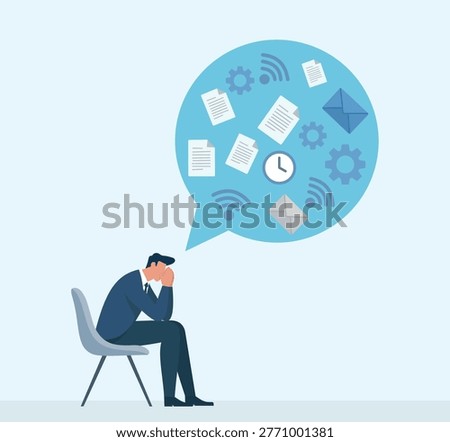 This flat vector shows a tired worker dealing with information overload. A bubble of gears, messages, and files weighs on his mind, illustrating work stress