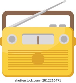 This is a flat of a vintage yellow portable radio. The radio a prominent extendable antenna, a central tuning dial with a white indicator, and two circular speaker grilles on either side of the dial. A brown handle is visible at the overall aesthetic is retro and nostalgic, evoking a sense of classic technology. The simple shapes and solid colors are characteristic of modern while the matter points to an older era of electronics.