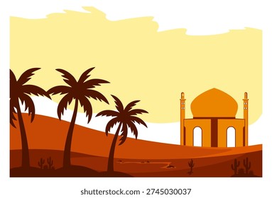 This flat-design vector illustration depicts a serene setting in a desert oasis. The entire image is dominated by a warm color palette, ranging from bright yellow to orange to deep brown. The top of the image features a golden sky, suggesting a sunrise or sunset. Abstract shapes appear above, resembling wispy clouds or diffused sunlight. The ground is depicted as sand dunes or desert, with layers of color to create depth and shadow. On the right side, a mosque with a large gold or orange dome and two slender minarets on the left and right sides reinforce the traditional Islamic architectural identity. In the foreground, three tall, lush, dark brown date palms are silhouetted, giving the oasis a serene feel. In the foreground, small cacti scattered across the sand plains add character to the arid yet vibrant desert environment. Overall, this illustration creates a peaceful and spiritual atmosphere, often used as a backdrop for themes such as Ramadan, Eid al-Fitr, or religious travels in the Middle East.