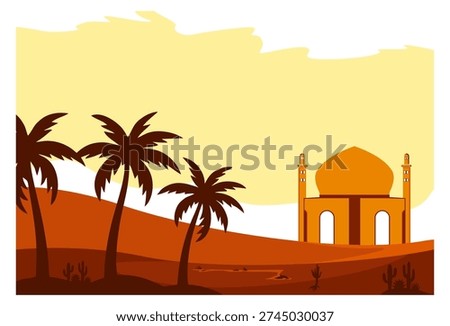 This flat-design vector illustration depicts a serene setting in a desert oasis. The entire image is dominated by a warm color palette, ranging from bright yellow to orange to deep brown. The top of the image features a golden sky, suggesting a sunrise or sunset. Abstract shapes appear above, resembling wispy clouds or diffused sunlight. The ground is depicted as sand dunes or desert, with layers of color to create depth and shadow. On the right side, a mosque with a large gold or orange dome and two slender minarets on the left and right sides reinforce the traditional Islamic architectural identity. In the foreground, three tall, lush, dark brown date palms are silhouetted, giving the oasis a serene feel. In the foreground, small cacti scattered across the sand plains add character to the arid yet vibrant desert environment. Overall, this illustration creates a peaceful and spiritual atmosphere, often used as a backdrop for themes such as Ramadan, Eid al-Fitr, or religious travels in the Middle East.