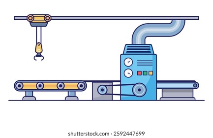 This is a flat-style illustration of an industrial machine setup. The image features a conveyor belt system