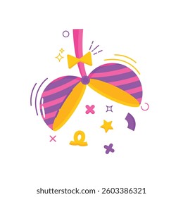 This is a flat-style vector illustration of a festive party popper exploding with confetti and decorative elements.