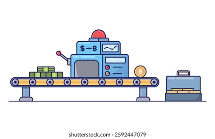 This is a flat-style vector illustration of a financial conversion machine. The image depicts a conveyor belt carrying stacks of cash into a machine, which processes them into Bitcoin.