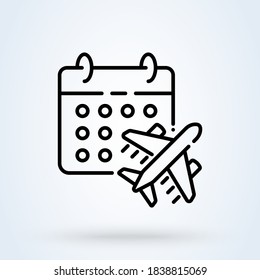 This Flight Schedule sign line icon or logo. Travel planning calendar and airplane concept. flight time information vector linear illustration.