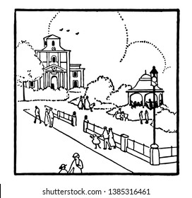 This is a flock square where some people are roaming, vintage line drawing or engraving illustration.