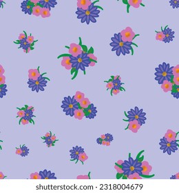 This floral design features bouquets of blue and purple daisies and pink flowers scattered on a lavender background creating a seamless repeat pattern.