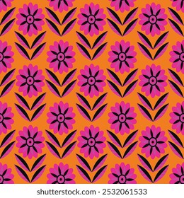 This floral design showcases vibrant pink flowers and deep black leaves on a bright orange backdrop