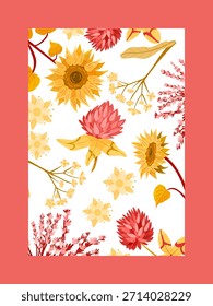 Este diseño de postal floral presenta un vibrante ramo de flores de verano enmarcado con un borde rojo audaz. Perfecto para invitaciones, tarjetas de felicitación o imprimibles de temporada.