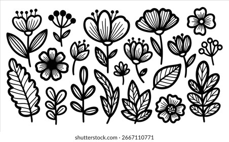 Esta colección de Vector floral presenta flores y hojas en un estilo doodle de contorno simple. Los dibujos botánicos son perfectos para añadir un toque de naturaleza a cualquier diseño.