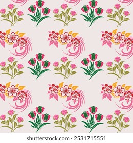 This flower pattern features detailed blossoms in a harmonious mix of pastel and vibrant hues. It includes leaves and vines for an organic feel, perfect for textiles and stationery.