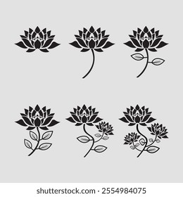 This flowers showcases six black lotus flower designs with varying levels of complexity, featuring stems and leaves. Mandala lotus flower.line art vetor