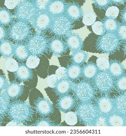 This fluffly flower commonly called the floss flower is ageratum houstonianum in circles of flower knowledge, blooming in the summer and fall covering this vector seamless repeat pattern design.