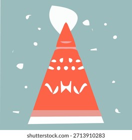 Este é um foco em um chapéu alto, cônico, vermelho brilhante Santa decorado com padrões brancos como flocos de neve e um pom-pom.