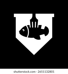 Este design de logotipo de comida combina a letra V com um peixe e um garfo, perfeito para um negócio de alimentos. A cor branca é usada.