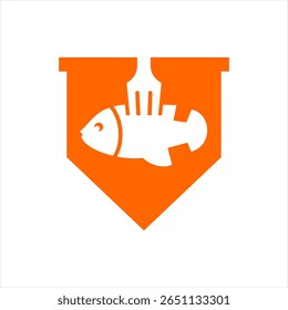 Este design de logotipo de comida combina a letra V com um peixe e um garfo, perfeito para um negócio de alimentos. A cor laranja é usada neste logotipo.