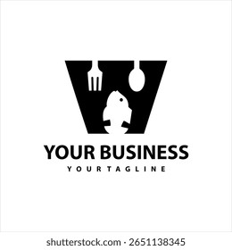 Este design de logotipo de comida combina a letra w com um peixe e um garfo, perfeito para um negócio de alimentos. A cor preta é usada.