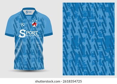 This football shirt has a basic color of blue and comes with a modern graphic pattern. The pattern used is a mix of shades of blue and gray, giving it a dimensional and interesting look.