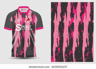 This football shirt has a basic color of black with bright pink details. The graphic pattern features vertical stripes that look flowy, giving the shirt an interesting and modern look.