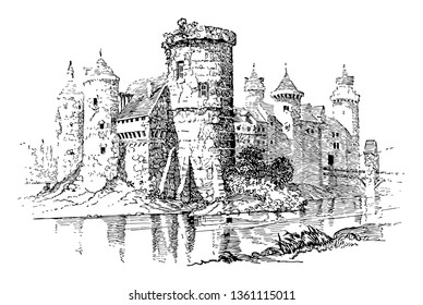 This fort was founded in 1283 by Edward. That is the most influential of the medieval castles in the United Kingdom, vintage line drawing or engraving illustration.