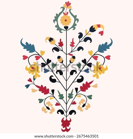 This fragment of a traditional Suzani carpet captures the essence of Uzbek textile artistry. Suzani carpets are renowned for their vibrant colors and intricate hand-embroidered floral designs