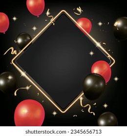 This is a frame with balloons on a black background. Use to celebrate birthdays, weddings, graduations, Black Friday and more.