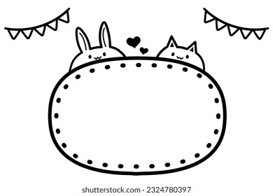 This frame is a cute line drawing of a rabbit and a cat peeking out.