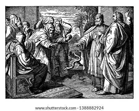 In this frame, a king is sitting in the courtyard, and many people are standing by his side, and in that meeting a person have brought a snake, vintage line drawing or engraving illustration.