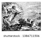 In this frame, when a man goes to the forest, sitting there, he sees the angel from the sky. He is greeted by his humble eyes and taken his Darshan, vintage line drawing or engraving illustration.