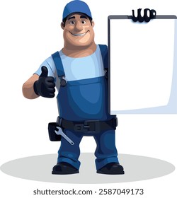 This friendly and professional handyman illustration features a smiling worker dressed in blue overalls and a cap, holding a blank clipboard while giving a thumbs-up. His tool belt, gloves, and wrench