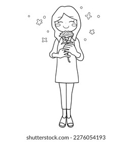 This is full body illustration line drawing smiling woman holding carnation  created for Mother's Day  I think it looks like mother florist 
