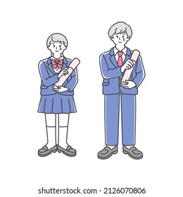 This is a full-body illustration of a high school boy and a high school girl at the graduation ceremony.