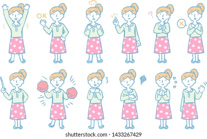 This is a full-body illustration of a ponytail woman that represents emotions.